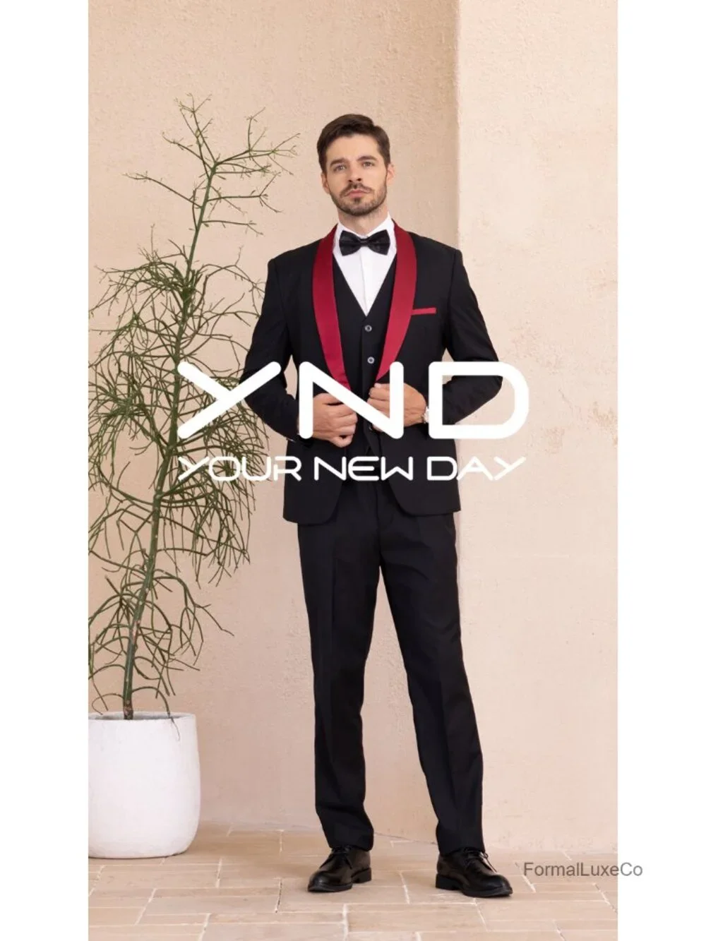 3-Piece Slim Fit Tuxedo Set Shawl Lapel Suit Blazer Vest Pants with Bow Tie for